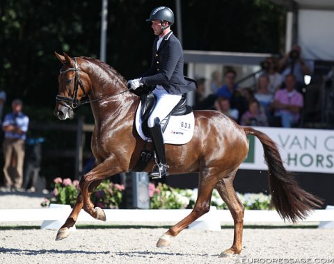 Diederik van Silfhout on the KWPN gelding Habana Libre A (by Zizi Top x United). The chestnut has a quick, active hindleg but he moved too passagey in the collected trot (which improved in the lengthenings and lateral movements). In canter he could not sustain straightness in the body and got tight in the topline, but the horse has great ability to collect