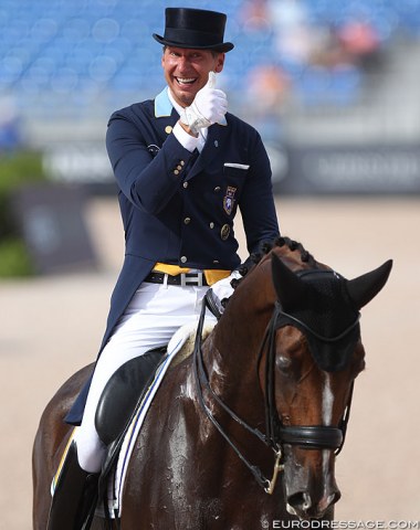 Patrik Kittel celebrates his top score earning ride on Françoise Trembley's Well Done de la Roche CMF