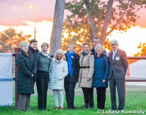 The judges by sunset at the 2018 CDI-W Fot : Elizabeth McMullen, Raphael Saleh, Ricky MacMillan, Barbara Ardu, Irina Maknami, Orsolya Hillier, Ilja Vietor, Anne Prain, and Leif Tornblad