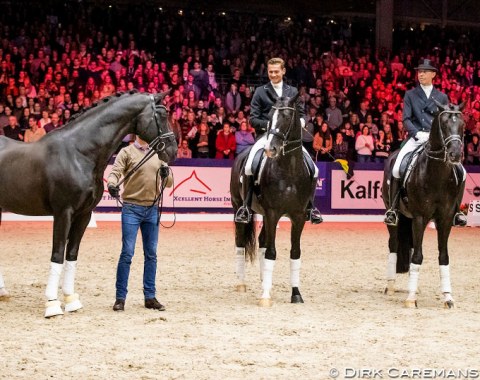 Rath with Totilas, flanked by Edward Gal on Total U.S. and Hans Peter Minderhoud on Toto Jr