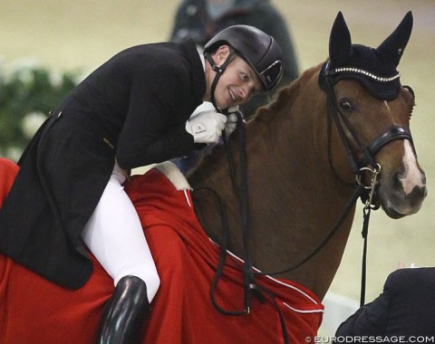 Nicolas Wagner on Quater Back Junior in the Grand Prix prize giving ceremony talking to the ring master