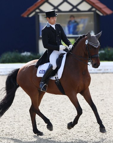 Korean Young Shik Hwang on Martin Schaudt's Despino. Beautiful pair even though Hwang consistently has his lower legs too far back. Despino has an amazing talent for piaffe and passage. 