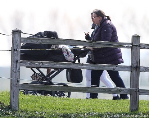 Ecco mums: Hanni Toosbuy Kasprzak pushing her grand daughter's pram. Unfortunately Anna Kasprzak withdrew Rock Star for the Grand Prix in Joosland