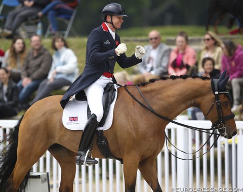 Gareth Hughes pumps his fists when he hears the 77% score for his Grand Prix Special