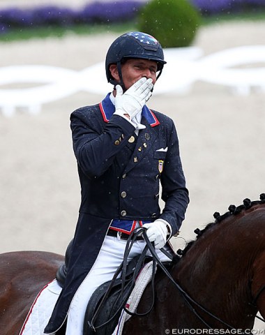 Steffen Peters throws a kiss to his mother, who is recovering from a stroke she suffered in March. Her first words were "I want to watch you ride in Aachen". The Peters' family with Steffen's mother and sister united in Aachen