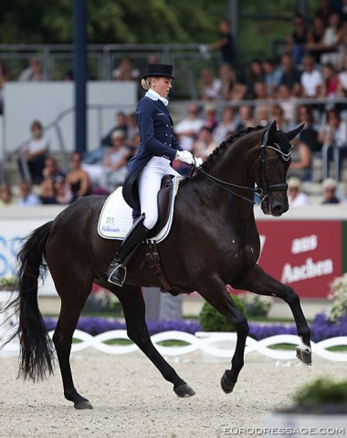 Antonia Ramel on Brother de Jeu (by Voice). The pair showed super straight tempi changes and lightfooted passage, but overall the horse was quite strong in the contact today