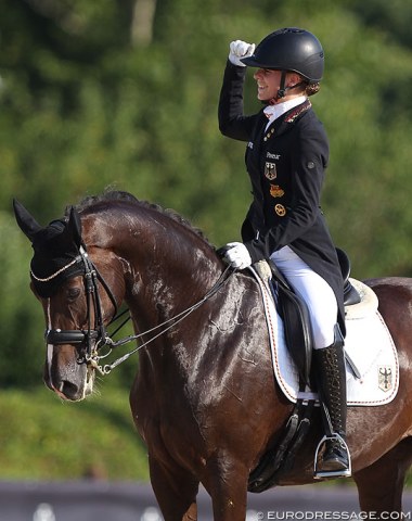 Jil-Marielle Becks pumps a fist after her ride on Damon's Delorange