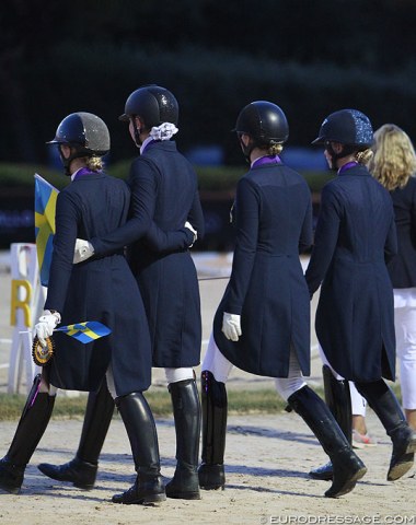 The bronze medal winning Swedish team leaves the arena in walk