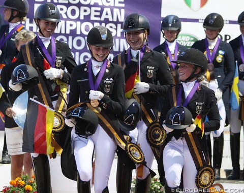 The German girls have good fun running their own lap of honour