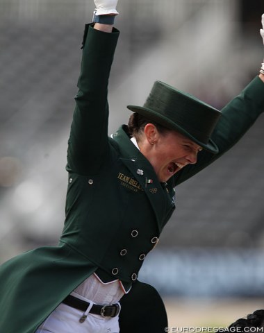 Irish team anchor Judy Reynolds celebrates as her score helps Ireland to Tokyo