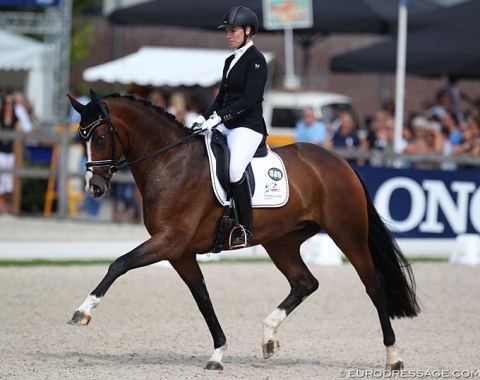 Bernadette Brune on the delightful Oldenburg mare Feel Free (by Foundation x Sandro Hit) who has an excellent trot and canter but was tense in walk today