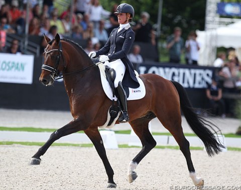 Adelinde Cornelissen on the Guelderlander Henkie (by Alexandro P x Upperville). This was their third World Championships. Big moving horse, which bulked up much in muscle. Today the contact was too hand held with the horse opening the mouth often, but he showed much talent nonetheless