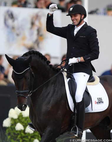 Andreas Helgstrand fist pumps when he hears the four 10s that Jovian got from the judges