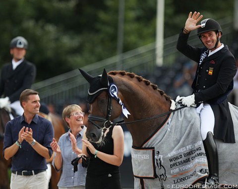 A Second gold for D'Avie. Owner Andreas Helgstrand, breeder Dorothee Heitmüller and rider Severo Jurado Lopez all smile