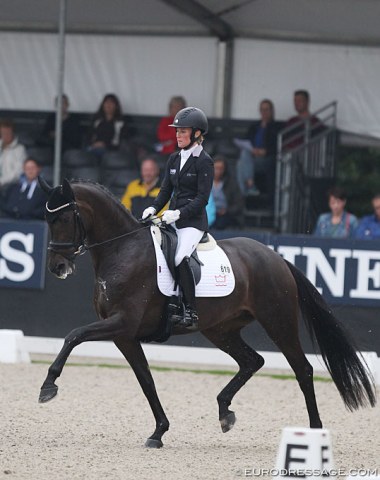 Helen Langehanenberg on Straight Horse Ascenzione (by Zack x Don Schufro), who is the full sister to triple World Champion Sezuan.  The mare has a fantastic trot, but she was quite tense. While the trot was light footed, the canter became a bit restricted because of tension