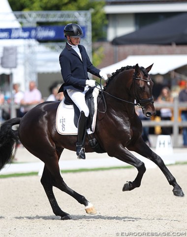 We thought Robin van Lierop and Zum Glück were remarkably underscored today. The stallion is a bit slow behind and today was not so quiet with the mouth, but the test was very friendly, balanced and with uphill canter work. They were only 9th with 8.60