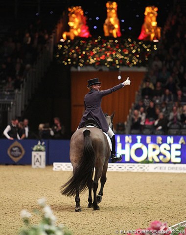 Louise Bell gives a thumb's up to the Olympia crowds