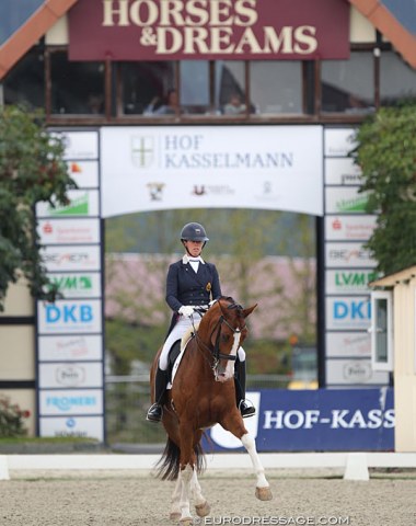 Dressage is back in the main stadium with the trademark in-gate that was also there for the 2005 European Dressage Championships. Belgian Natasja van den Bogaert on Hippi (by Chagall D&R x Samarant)