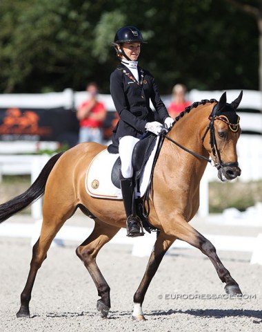 Belgian Liezel Everars on the mega talented, bright bay FS Capelli de Niro. A mistake in the canter work pushed the score under 70%