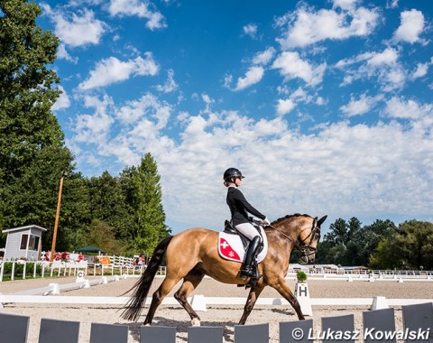 Swiss Layla Schmid on the Belgian bred Ashen Dew Drop competing in the freestyle at the 2020 Euros at Stable Unikornis