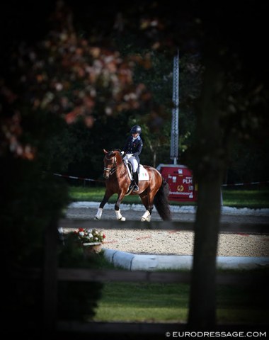 Mexican Martha del Valle warming up Beduino Lam in the beautiful outdoor school at Hof Kasselmann