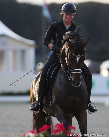 Isabell Werth schooling Max-Theurer's Quantaz in the evening. They are competing in the Special tour