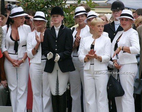 The Russian team (Vera Minaeva, Elena Kalinina, Elena Sidneva, Alexandra Korelova) all dressed up for the opening ceremony at the 2005 European Dressage Championships in Hagen