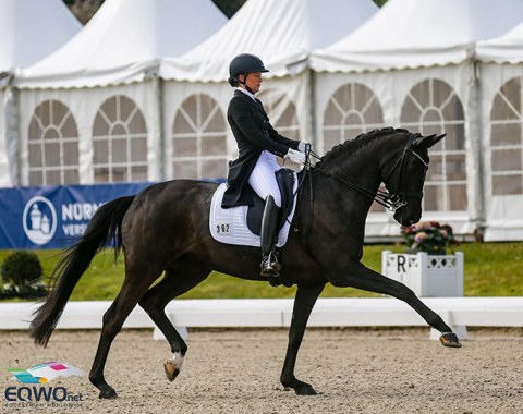 Kristina Bröring-Sprehe riding her first CDI in 13 months. Here on rising hope Saphira Royal
