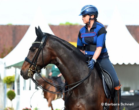 Dorothee Schneider wearing her support vest for her fractured collarbone