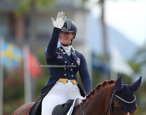 Swedish Cecilia Bergakra waves to the crowds and motivates them to clap even harder