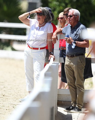 Former Swiss Grand Prix rider Silvia Ikle and Technical Delegate Gotthilf Riexinger watching Sulzer ride