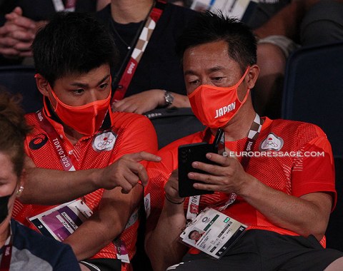 Japanese dressage riders Ryunosuke Kuroda and Hiroyuki Kitahara in the audience