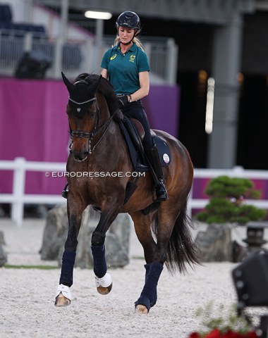 Kelly Layne riding Samhitas past the Zen Bonsai garden