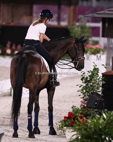 Isabelle Pinto on Helen Burgess' Hot Chocolat van de Kwaplas (by Sir Donnerhall x Ferro). The horse is interested in the foliage