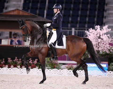 Finnish Henri Ruoste in his first Olympics on Kontestro DB. The Belgian warmblood spooked from the camera man adjusting the plastic over his camera and the horse would no longer relax in the test