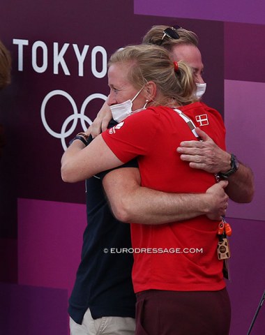 Danish team trainer Nathalie zu Sayn-Wittgenstein hugging Merrald's trainer Michael Sogaard