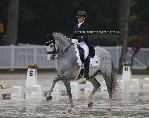 Lyndal Oatley's grey Eros (by Sir Oldenburg x Ferro) colour coordinated with the water as if it were a mirror on the footing