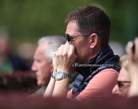 More nailbiting: Carl Cuypers watching Laura Tomlinson ride