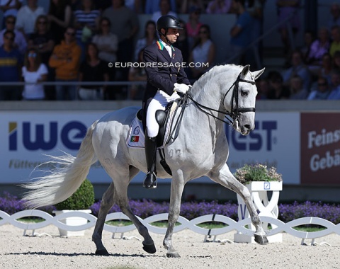 Portugal's Rodrigo Torres on Lusitano stallion Fogoso Campline. They had a career highlight in Tokyo and in Aachen rode their peculiar Pink Floyd kur once more