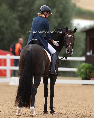 Jill Bogers' Lennox U.S. looks behind him after his final halt and salute at X