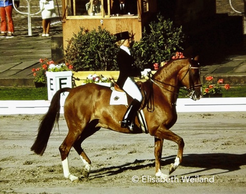Karin Schlüter from Germany and the imposing Hanoverian gelding Liostro on the final centre-line. Both won the team gold