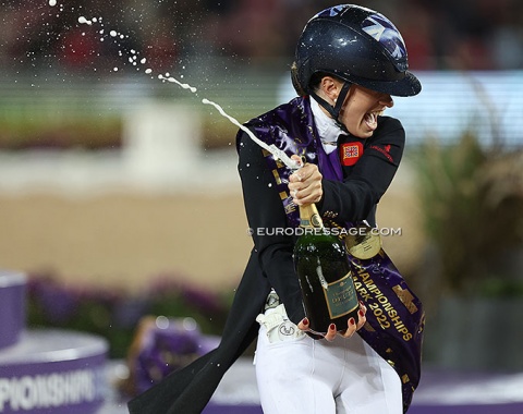 It took a while for Lottie to uncork the champagne bottle and by that time she was fully sprayed by Dufour and Van Liere