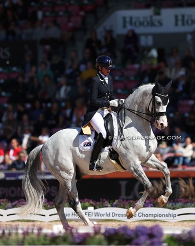 Lyndal Oatley and Eros. They were excused from the test at the end of their ride for unevenness in the trot