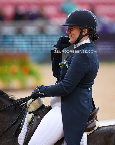 Lithuanian Justina Vanagaite with a Ride for Ukraine ribbon