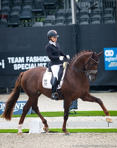 Charlott Maria Schurmann on the lovely Livaldon x Furstenball offspring Life Time, owned by Claude Niedner's Domus Equus in Luxembourg