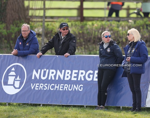 Sweden is the "partner country" in Hagen this year but only very few Swedes showed up even though there is an open entry from riders from that country for this CDI. Pictured here are Swedes Bo Jena, Richard Malmgren, Therese Nilshagen, Louise Nathhorst