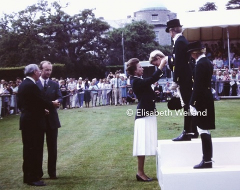 The individual podium: Princess Anne presents silver to Ann-Kathrin Linsenhoff, Gold for Margit Otto-Crépin and supposedly bronze for Christine Stückelberger.