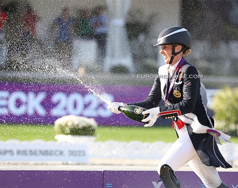 Charlotte Dujardin chasing Werndl and Fry with champagne