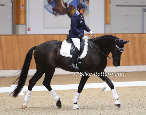 Louise Etzner Jakobsson warming-up Goldstrike B.J. in the indoor arena.