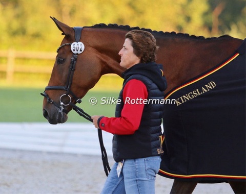 Michèle George’s Hanoverian mare Best of 8 being led by Wendy Laeremans (???) ahead of the horse inspection on Monday morning.